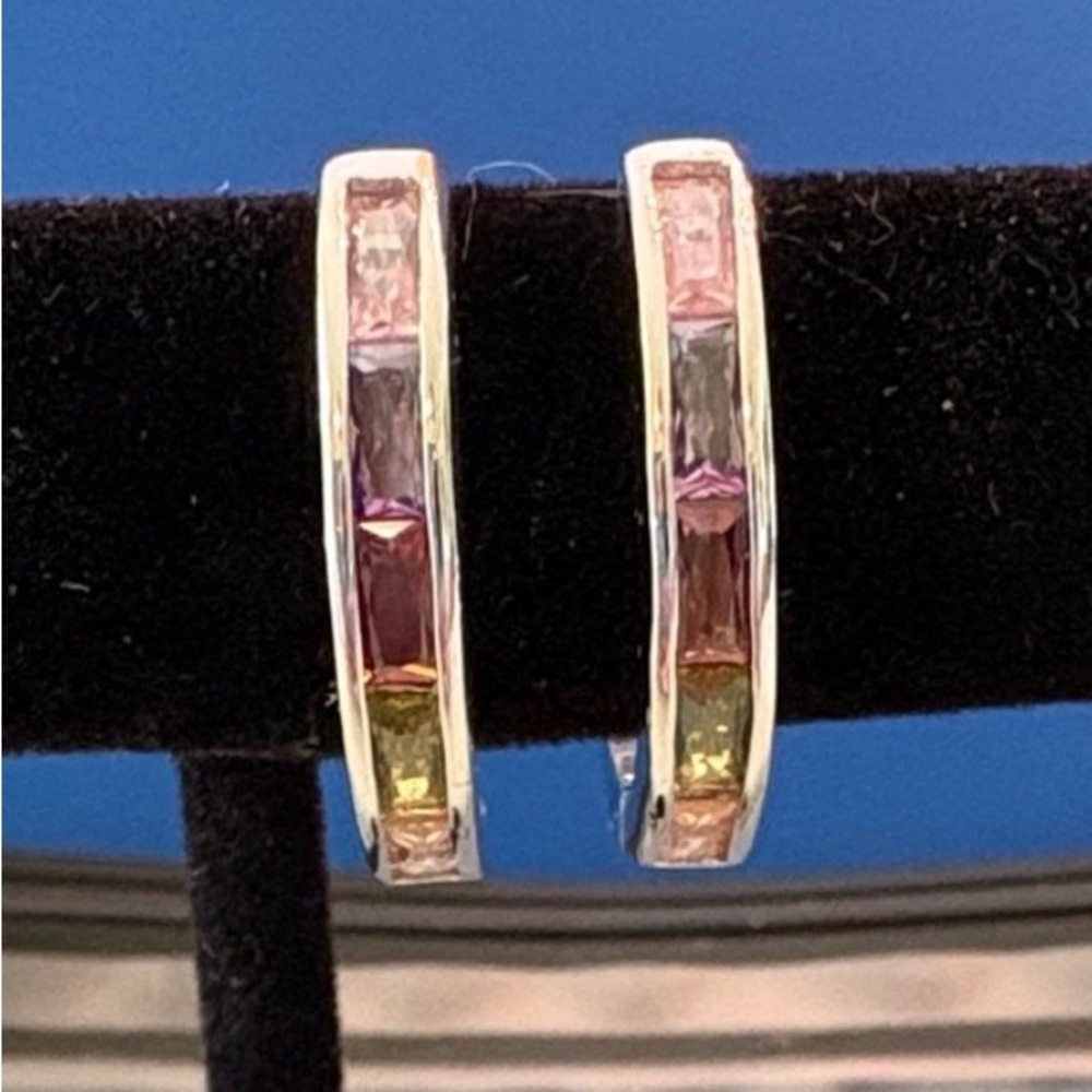 Pretty Bird Silver Hoop Earrings with Pink, Purple and Yellow Stones